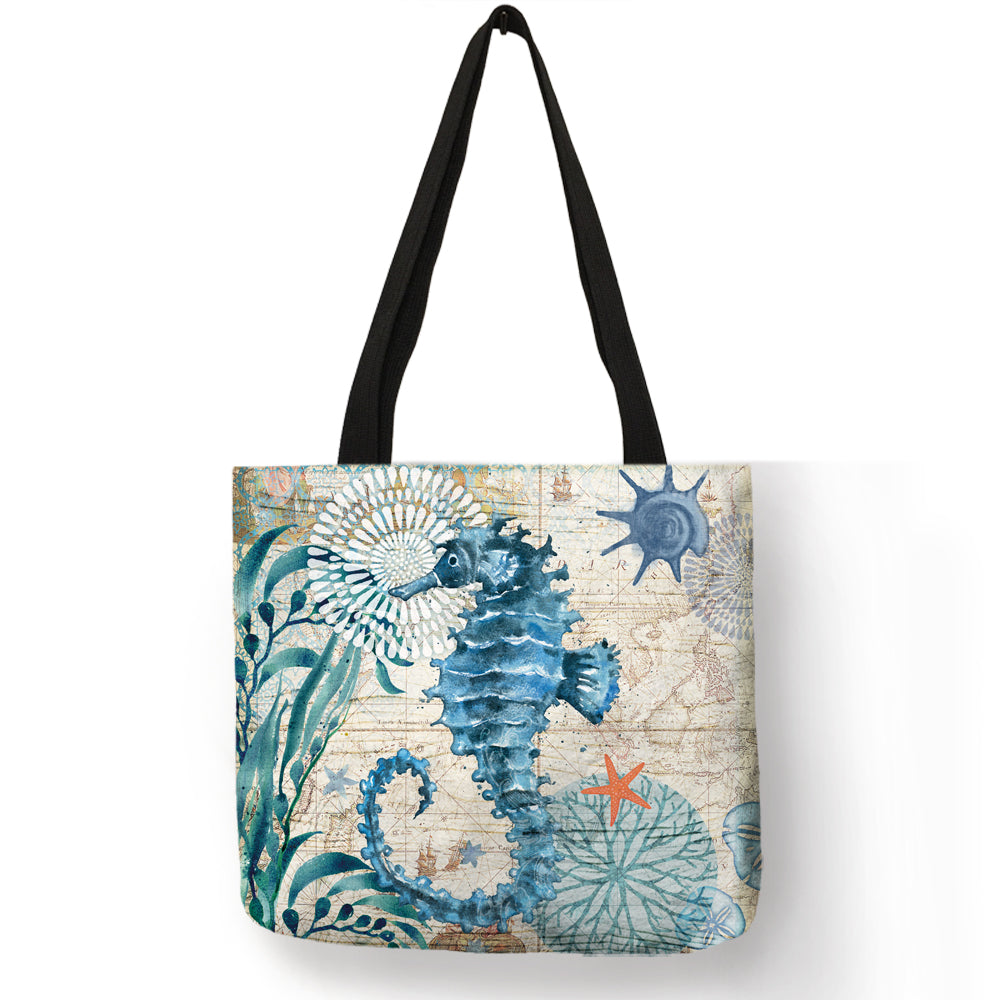 Patterned Tote Bag with Seahorse, Turtle, Octopus, Whale