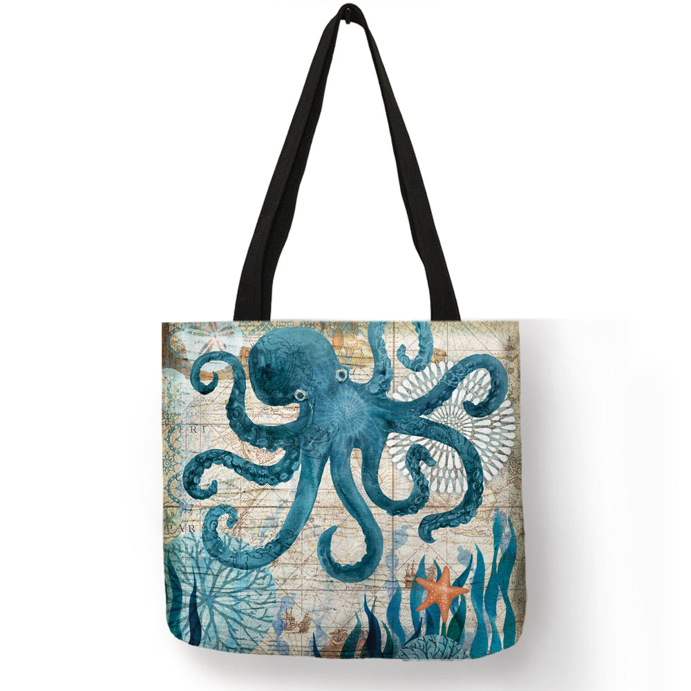 Patterned Tote Bag with Seahorse, Turtle, Octopus, Whale