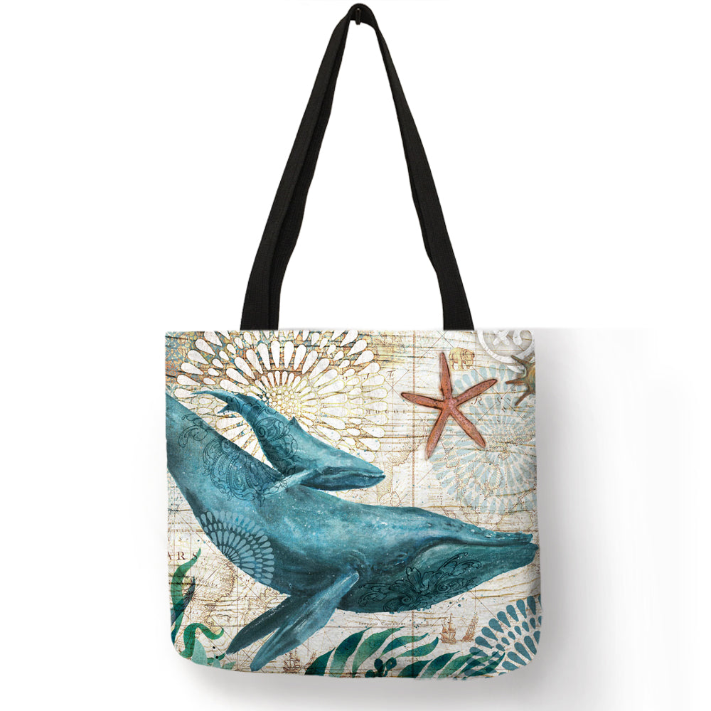 Patterned Tote Bag with Seahorse, Turtle, Octopus, Whale