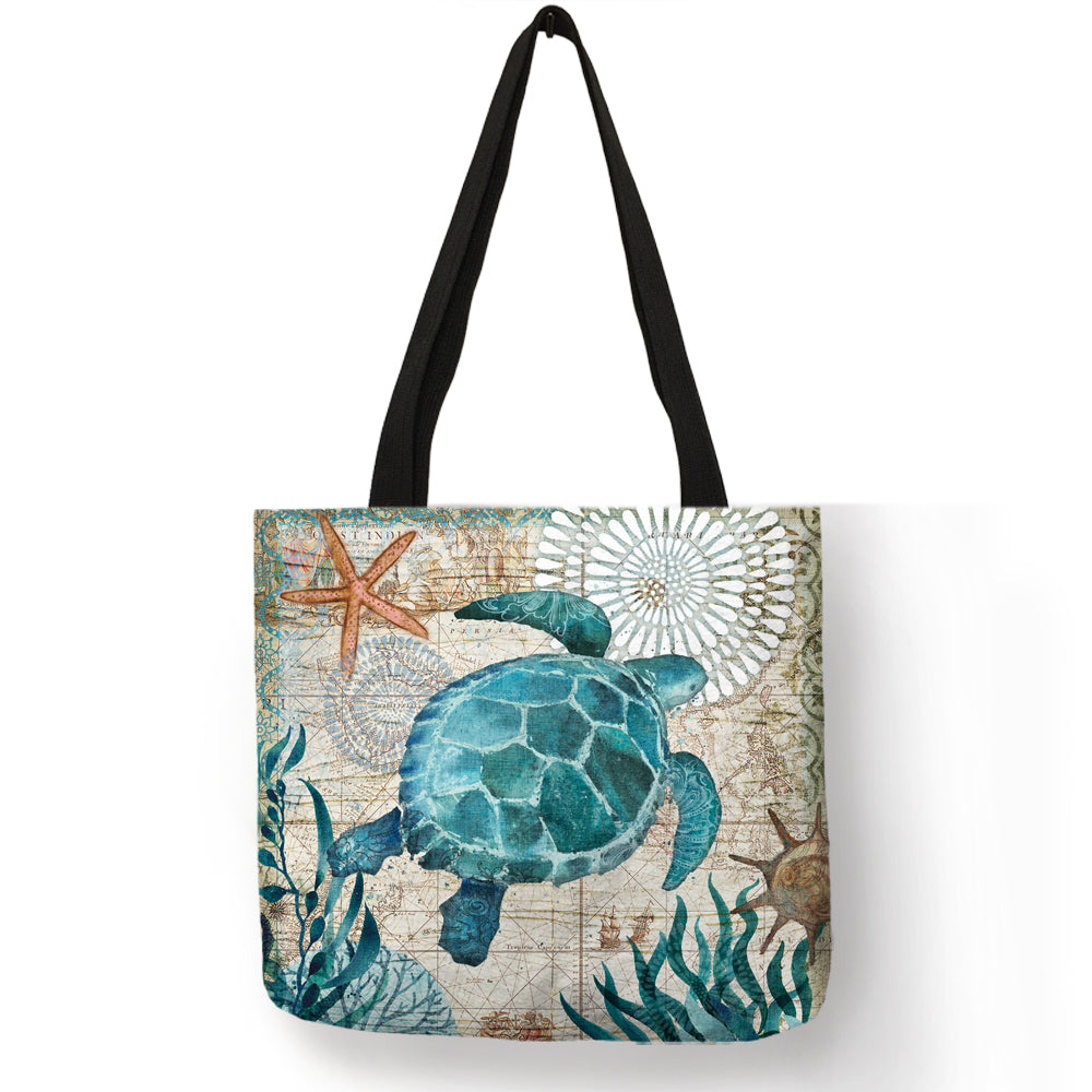 Patterned Tote Bag with Seahorse, Turtle, Octopus, Whale