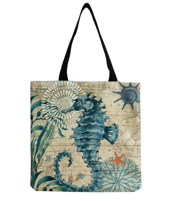 Patterned Tote Bag with Seahorse, Turtle, Octopus, Whale